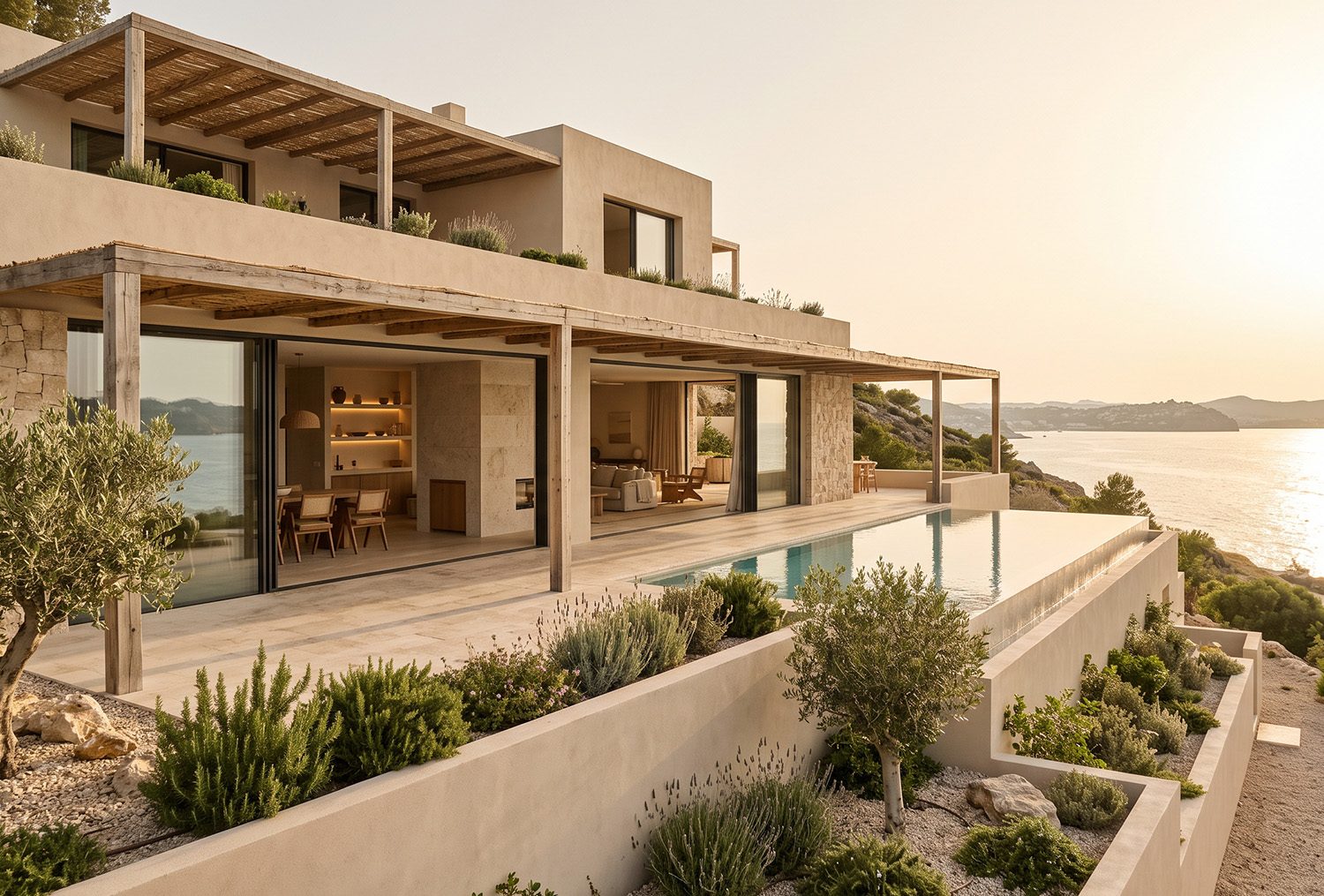 Vivienda mediterránea de mortero claro sobre la costa al atardecer, con pérgolas de madera, piscina desbordante y olivos.