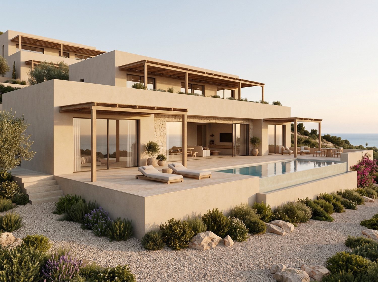 Casa Costa Brava: terrazas escalonadas en piedra clara con pérgolas de madera, piscina desbordante y vegetación mediterránea sobre el mar.