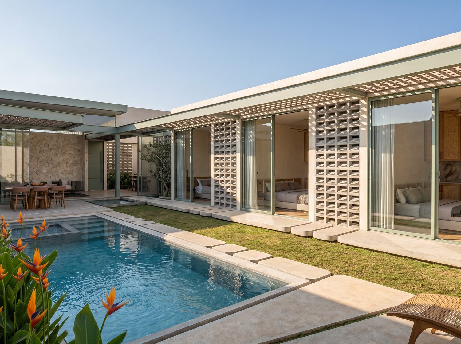 Casa Strelitzia: patio con piscina, celosía de hormigón y vegetación tropical bajo cubiertas planas.
